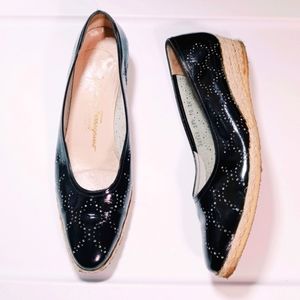 Salvatore Ferragamo Black Patent Leather Lazer Cutt Espadrille Wedge Heel